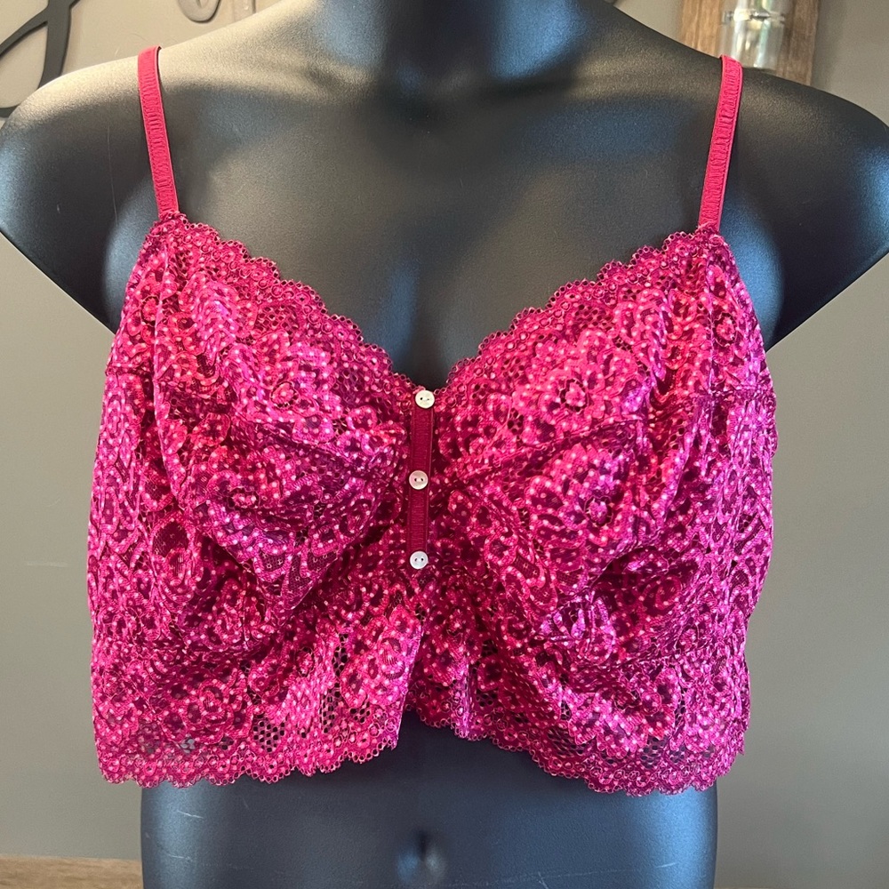 Deesse Lingerie Pink Floral Stretchy Lace Bralette 3X cute button details